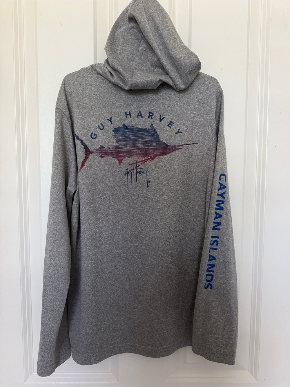 Guy Harvey Gray Hooded Long Sleeve Shirt with Blue & Maroon Marlin Graphic